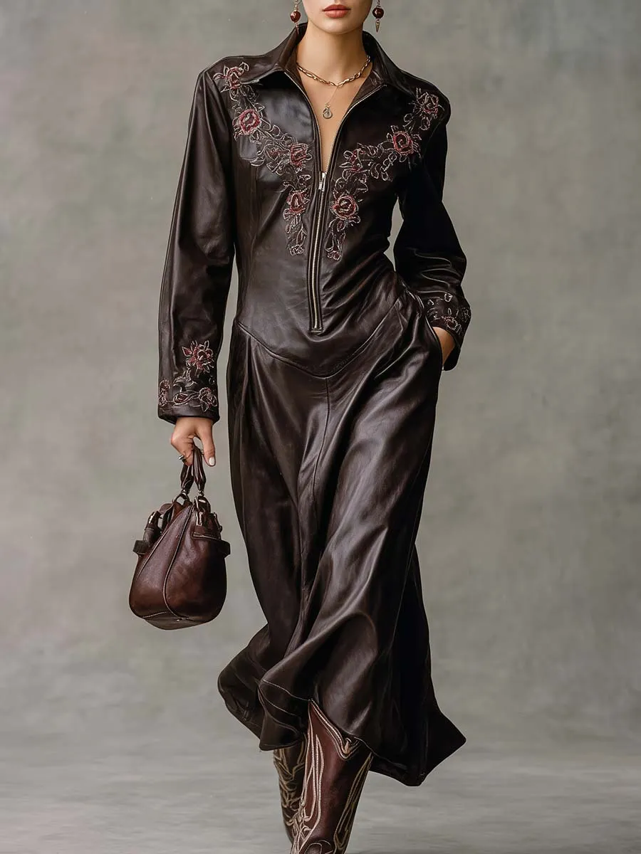Vintage Western Embroidered Lapel Front Zipper Dark Brown Leather Midi Dress sold by Oyrosy