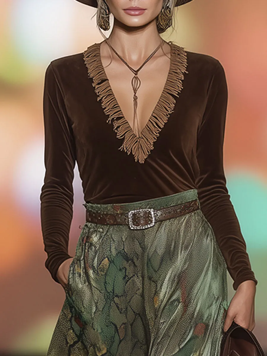 Western Retro Brown Faux Suede Fringed Top And Green Snakeskin Skirt Set sold by Oyrosy product image thumbnail 3