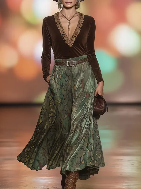 Western Retro Brown Faux Suede Fringed Top And Green Snakeskin Skirt Set sold by Oyrosy