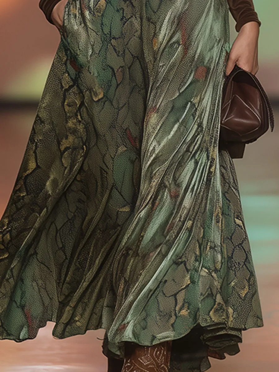 Western Retro Brown Faux Suede Fringed Top And Green Snakeskin Skirt Set sold by Oyrosy product image thumbnail 4