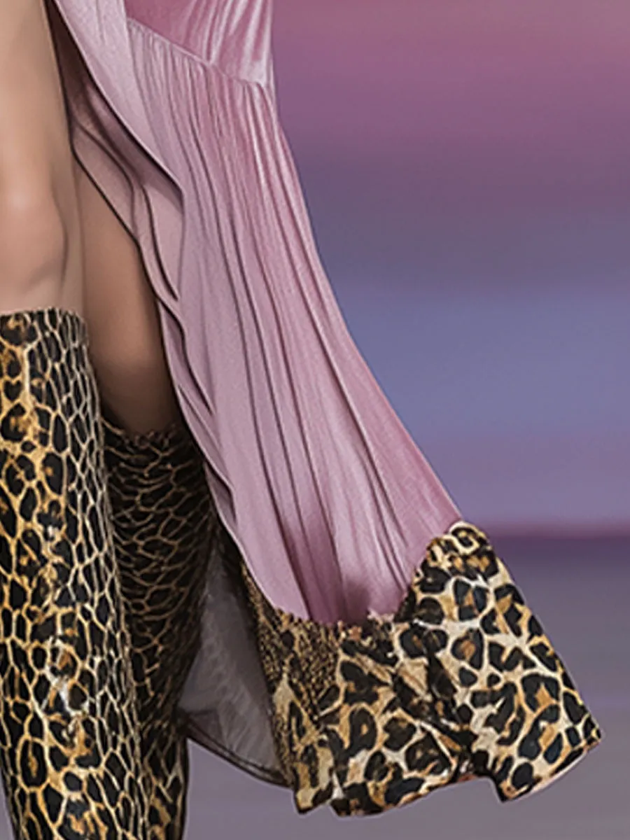 Stylish Leopard Print Patchwork Pink Velvet Midi Dress sold by Oyrosy product image thumbnail 4