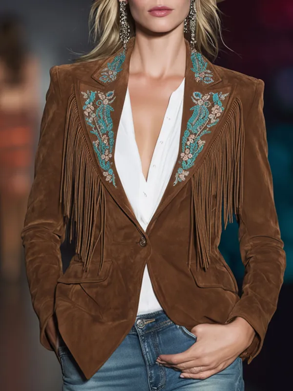Western Retro Embroidered Brown Faux Suede Tassel Blazer sold by Oyrosy