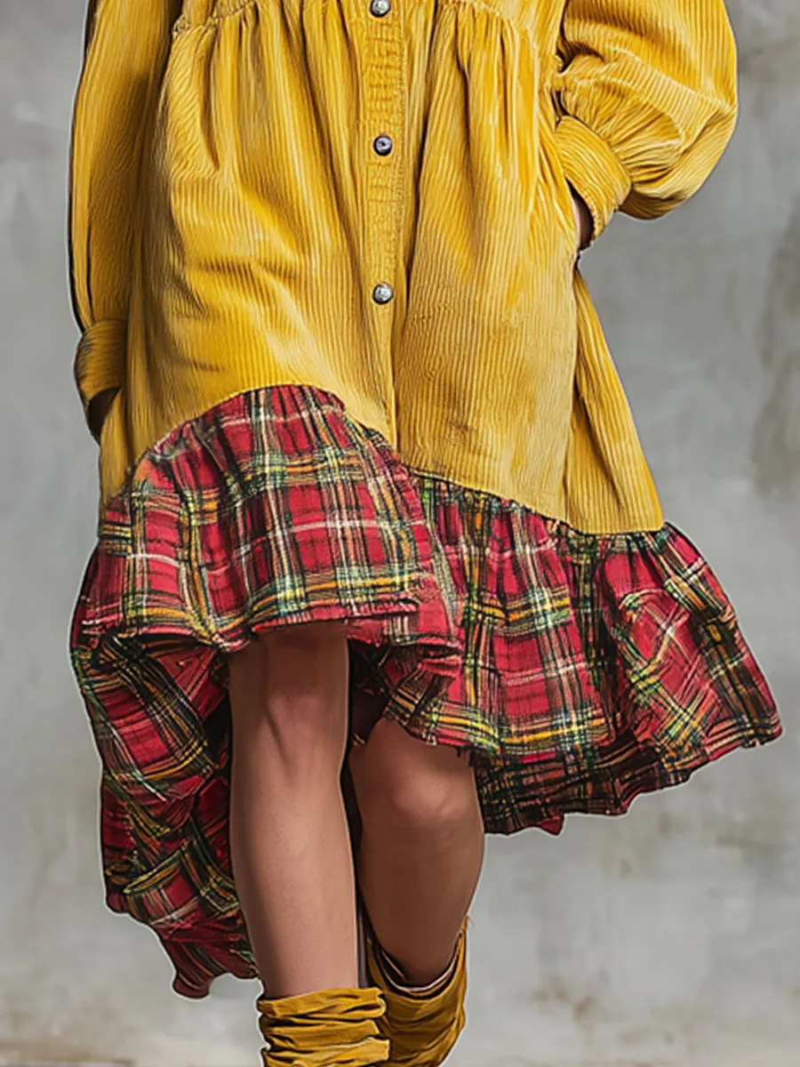 Fashionable Retro Plaid Floral Yellow Corduroy Long-sleeved Midi Dress sold by Oyrosy product image thumbnail 4