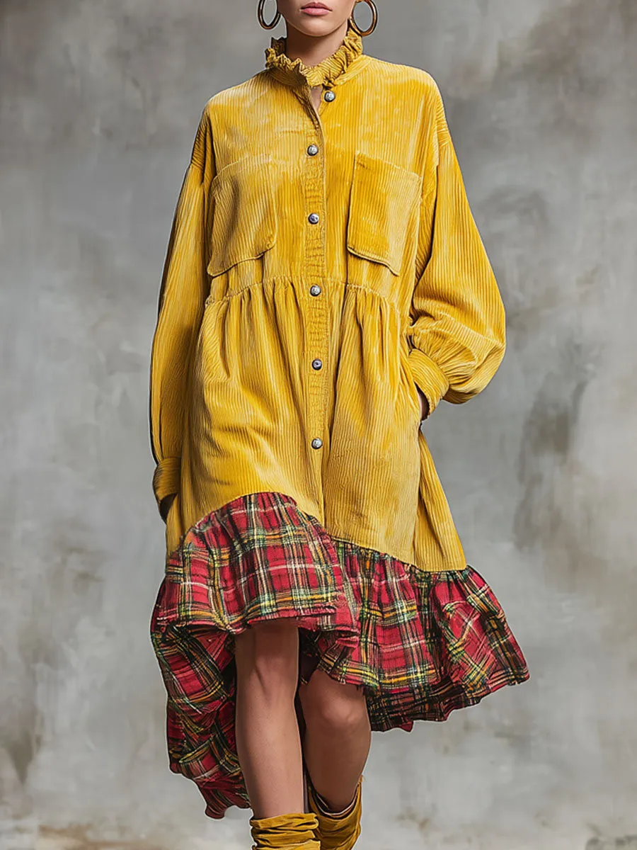 Fashionable Retro Plaid Floral Yellow Corduroy Long-sleeved Midi Dress sold by Oyrosy