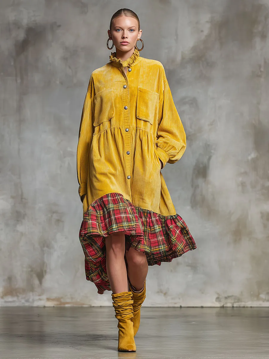 Fashionable Retro Plaid Floral Yellow Corduroy Long-sleeved Midi Dress sold by Oyrosy product image thumbnail 2