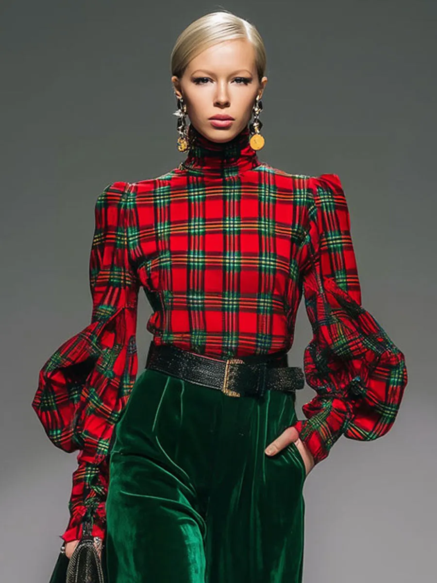 Trendy Retro Plaid Velvet Turtleneck Long-sleeved T-shirt And Wide-leg Pants Set sold by Oyrosy product image thumbnail 4