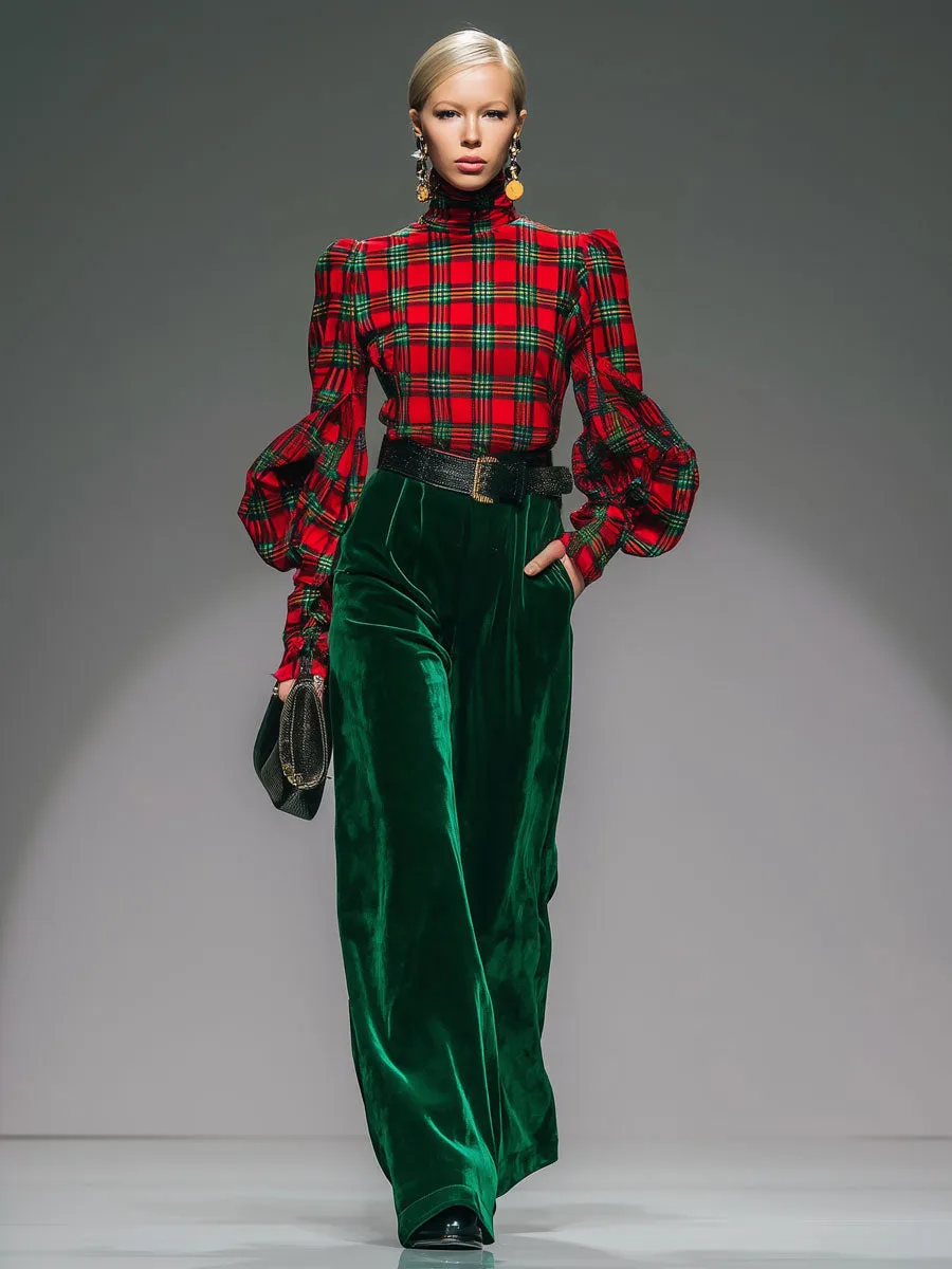 Trendy Retro Plaid Velvet Turtleneck Long-sleeved T-shirt And Wide-leg Pants Set sold by Oyrosy product image thumbnail 2