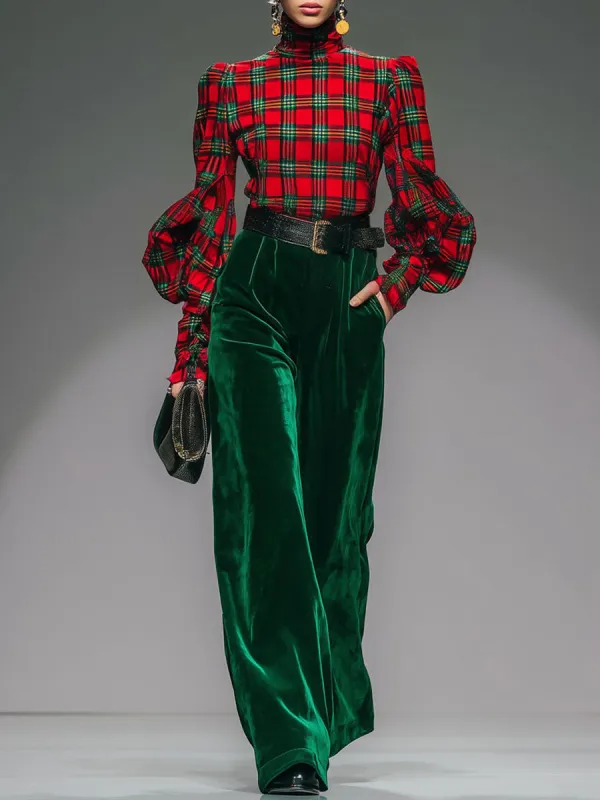 Trendy Retro Plaid Velvet Turtleneck Long-sleeved T-shirt And Wide-leg Pants Set made by Oyrosy