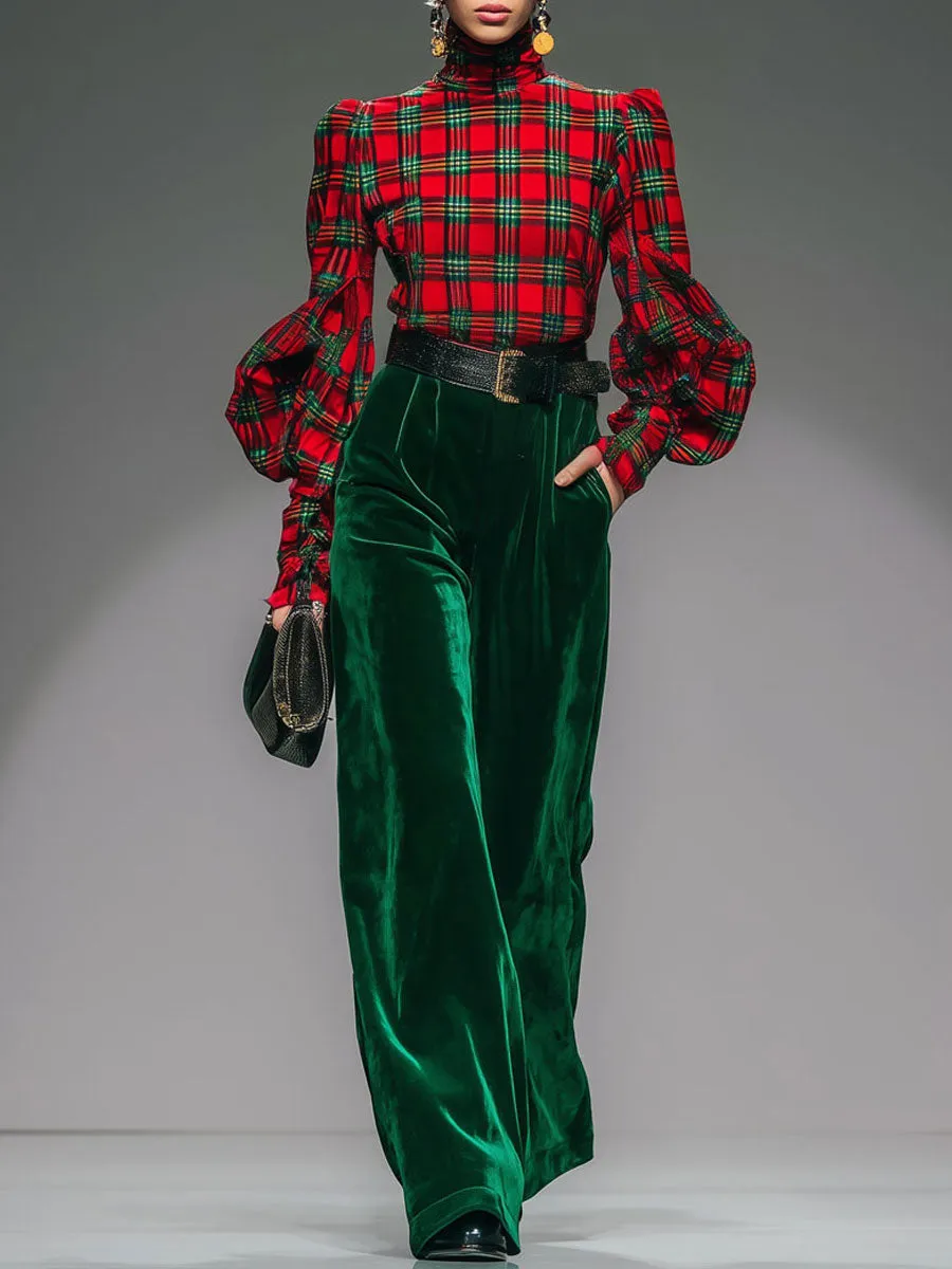 Trendy Retro Plaid Velvet Turtleneck Long-sleeved T-shirt And Wide-leg Pants Set sold by Oyrosy