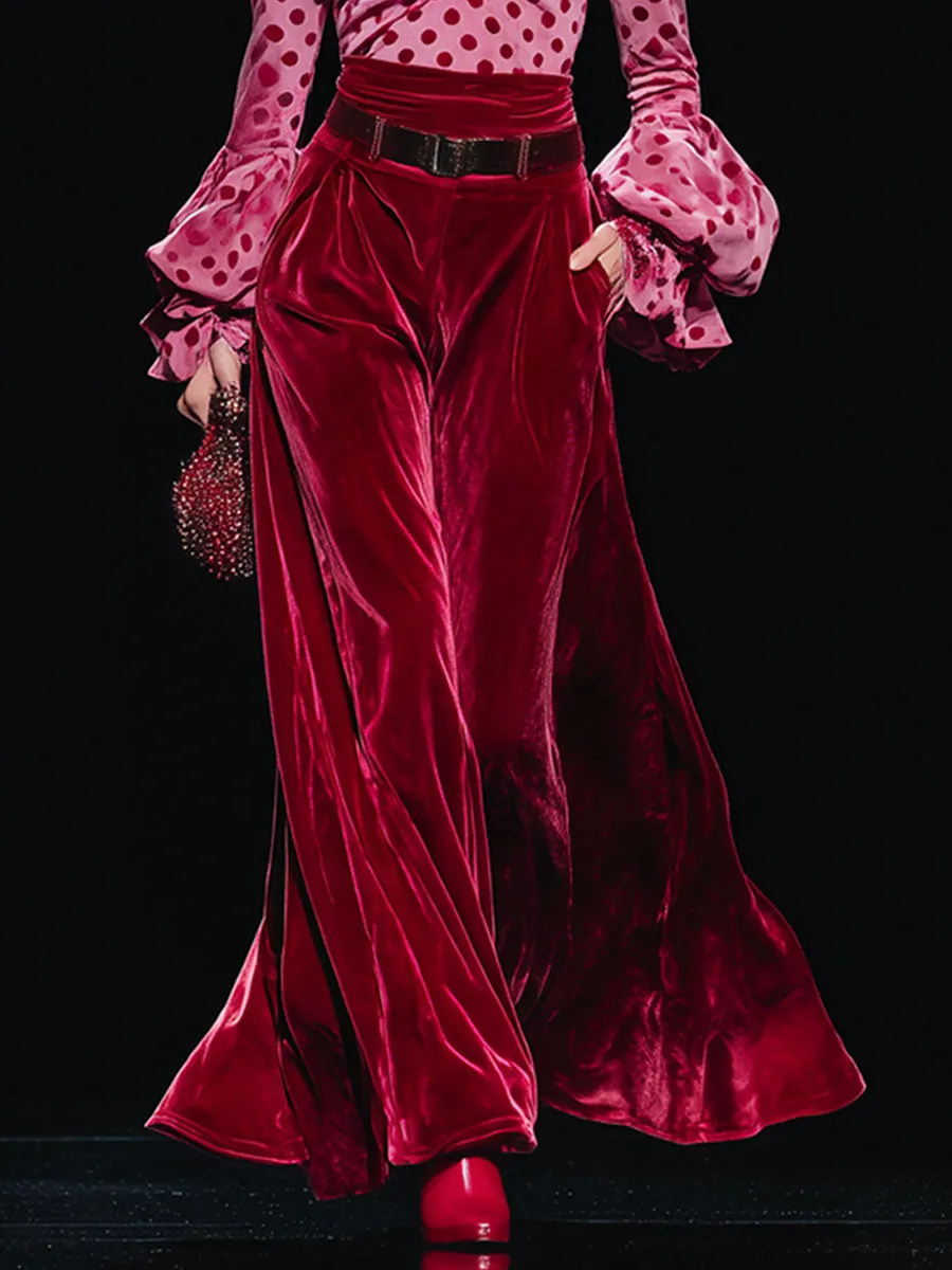 Trendy Retro Polka Dot Red Velvet V-neck Long-sleeved T-shirt And Wide-leg Pants Set sold by Oyrosy product image thumbnail 4