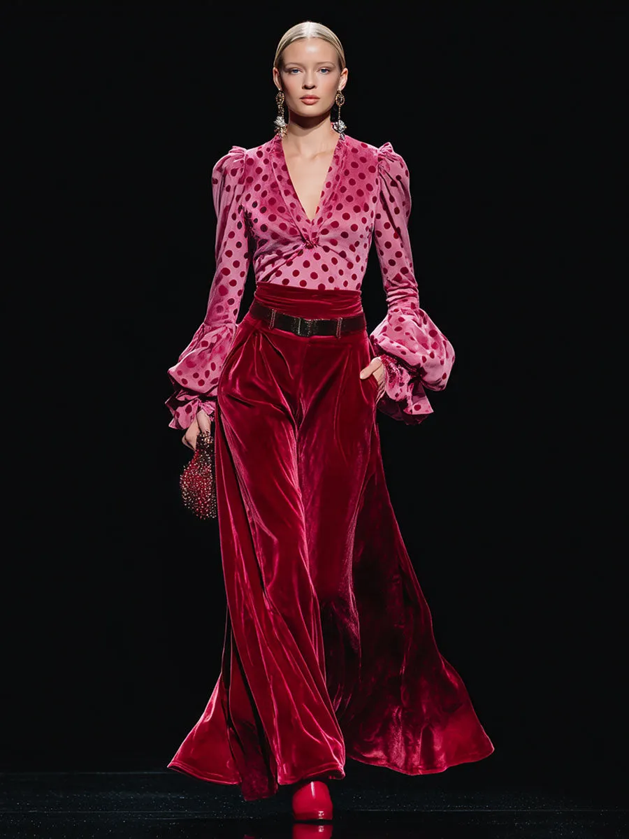 Trendy Retro Polka Dot Red Velvet V-neck Long-sleeved T-shirt And Wide-leg Pants Set sold by Oyrosy product image thumbnail 2