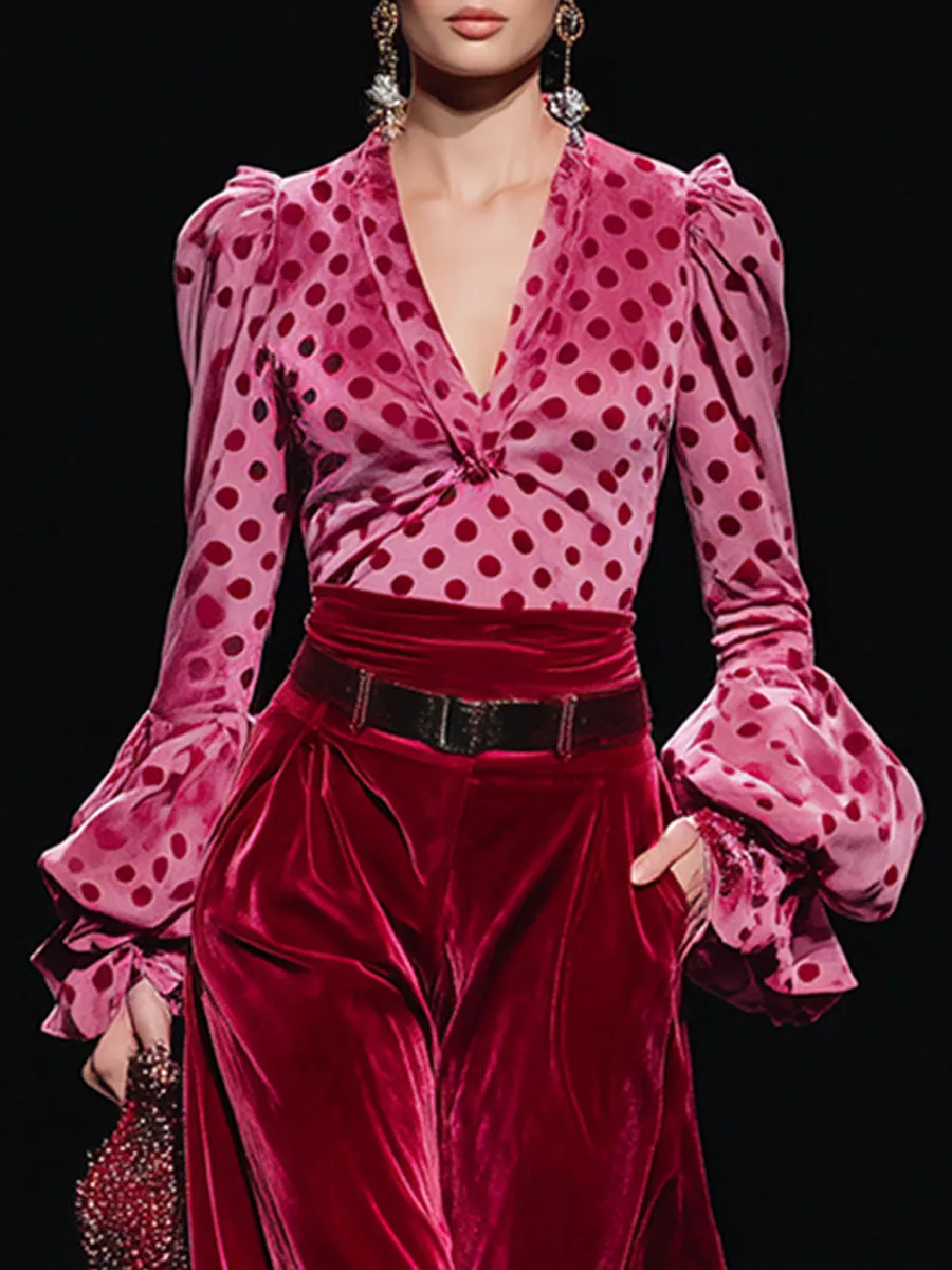 Trendy Retro Polka Dot Red Velvet V-neck Long-sleeved T-shirt And Wide-leg Pants Set sold by Oyrosy product image thumbnail 3
