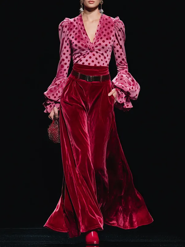 Trendy Retro Polka Dot Red Velvet V-neck Long-sleeved T-shirt And Wide-leg Pants Set made by Oyrosy