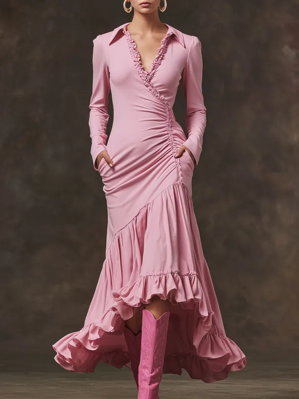 Trendy Retro Pink Cotton Ruffled Long-sleeved Maxi Dress sold by Oyrosy