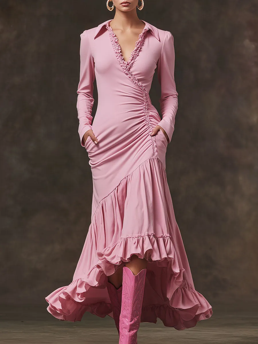 Trendy Retro Pink Cotton Ruffled Long-sleeved Maxi Dress sold by Oyrosy