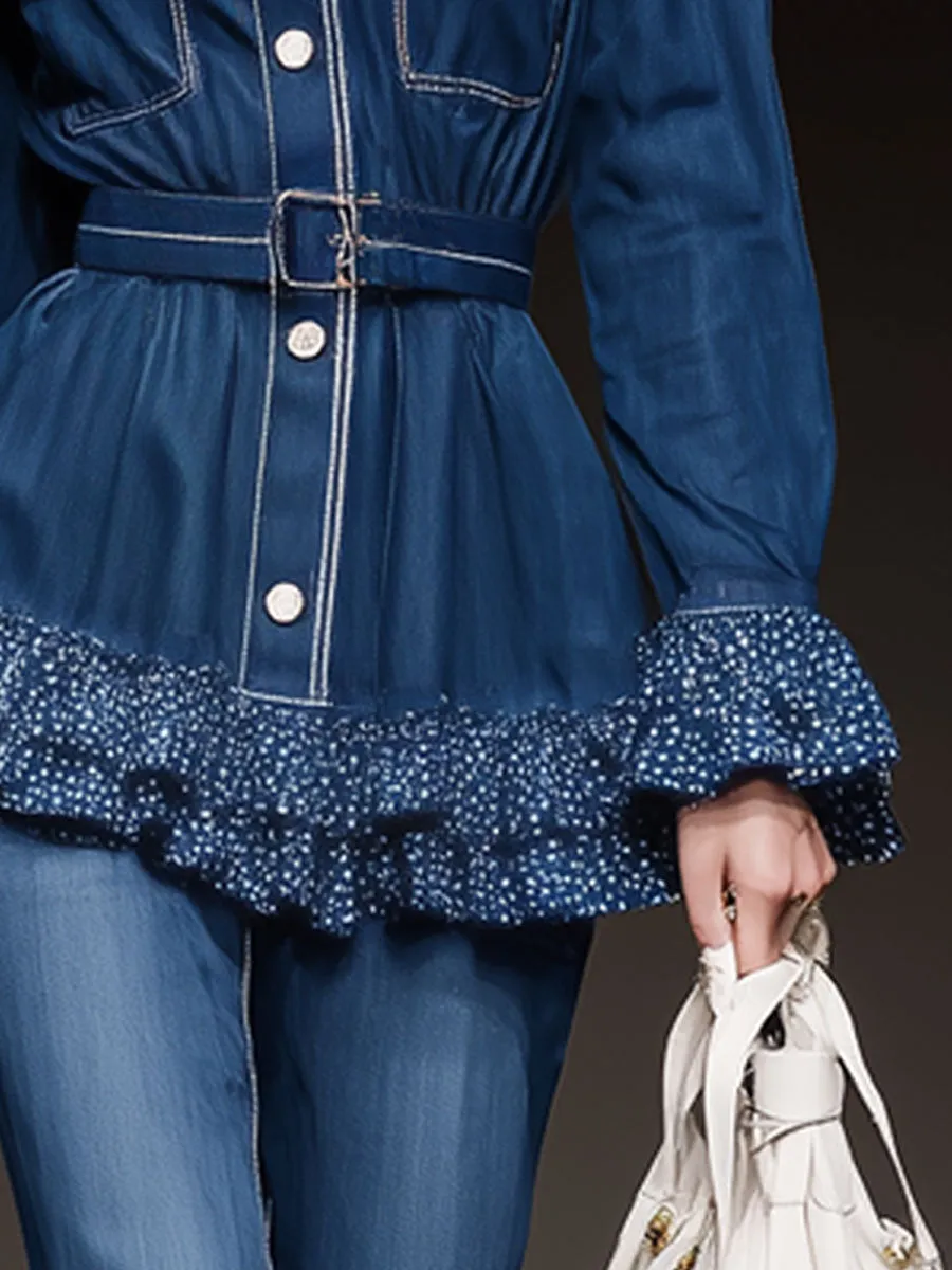 Fashionable Retro Mesh Polka Dot Ruffled Blue Denim Jacket Shirt sold by Oyrosy product image thumbnail 4