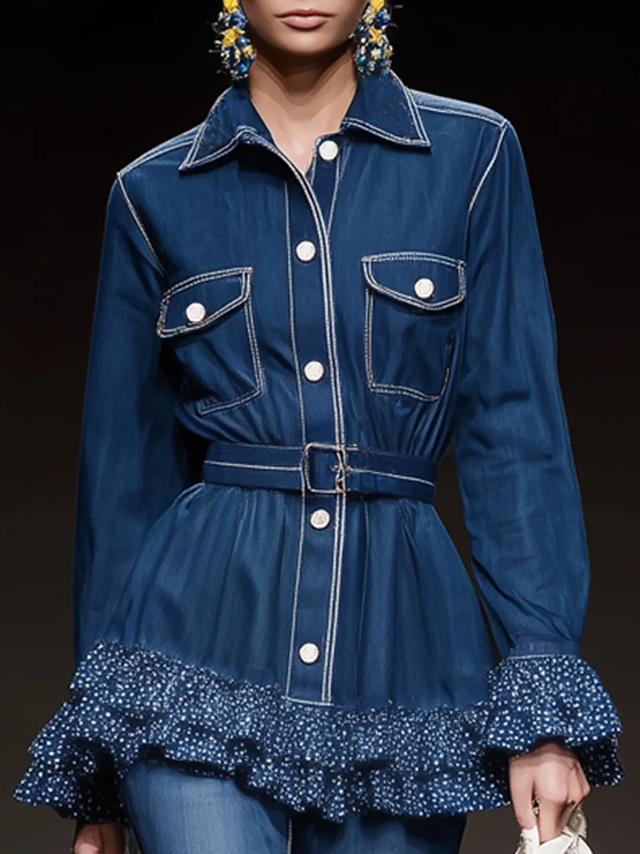 Fashionable Retro Mesh Polka Dot Ruffled Blue Denim Jacket Shirt sold by Oyrosy