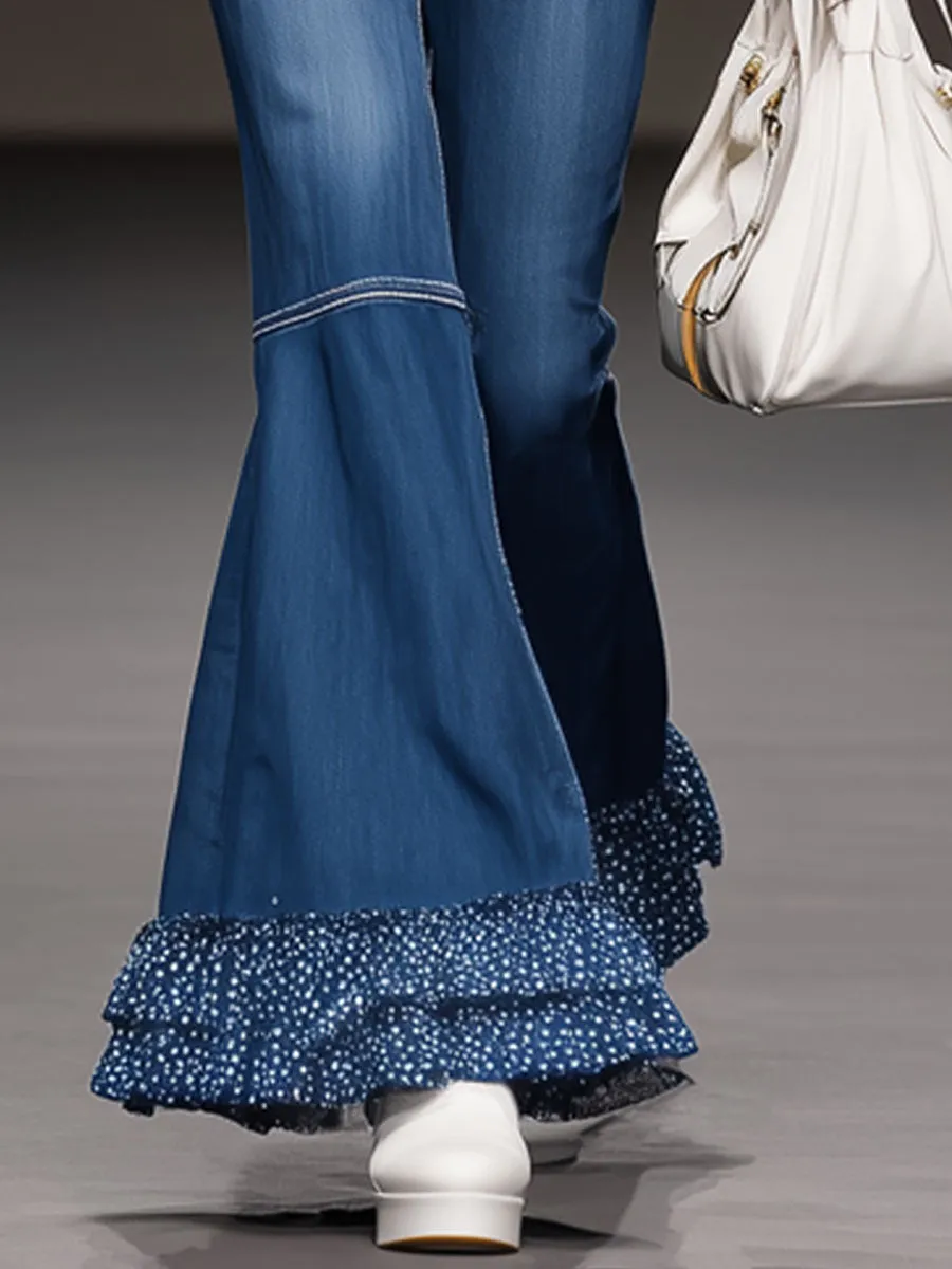 Fashionable Retro Mesh Polka Dot Ruffled Blue Flared Jeans sold by Oyrosy product image thumbnail 3