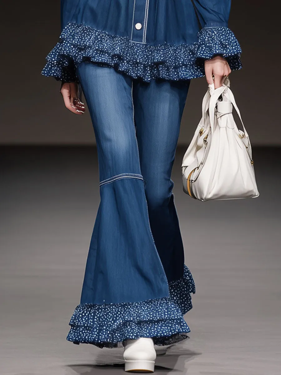 Fashionable Retro Mesh Polka Dot Ruffled Blue Flared Jeans sold by Oyrosy