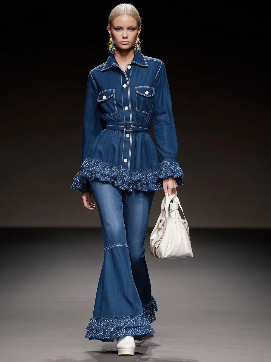 Fashionable Retro Mesh Polka Dot Ruffled Blue Flared Jeans sold by Oyrosy product image thumbnail 2