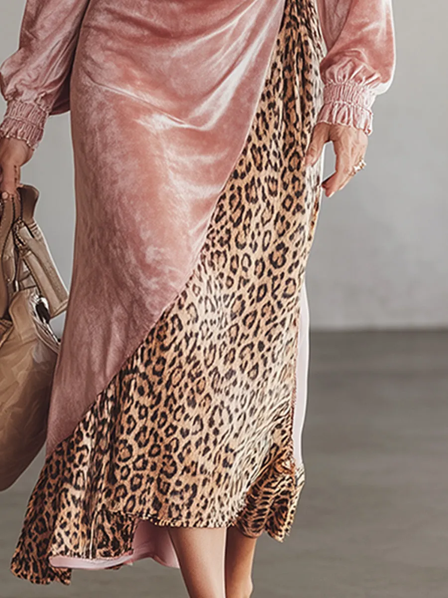 Elegant And Sophisticated Leopard Print Patchwork Pink Velvet Midi Dress sold by Oyrosy product image thumbnail 4