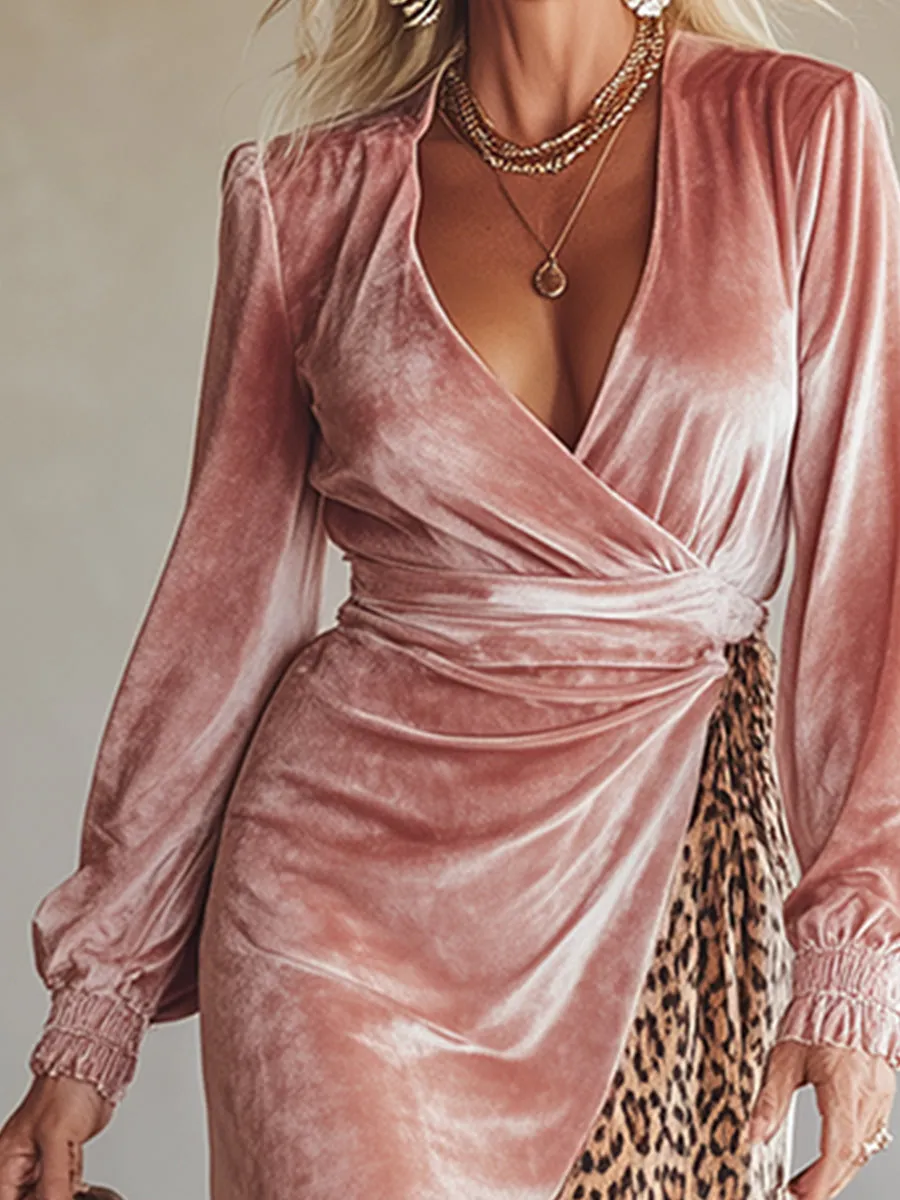 Elegant And Sophisticated Leopard Print Patchwork Pink Velvet Midi Dress sold by Oyrosy product image thumbnail 3