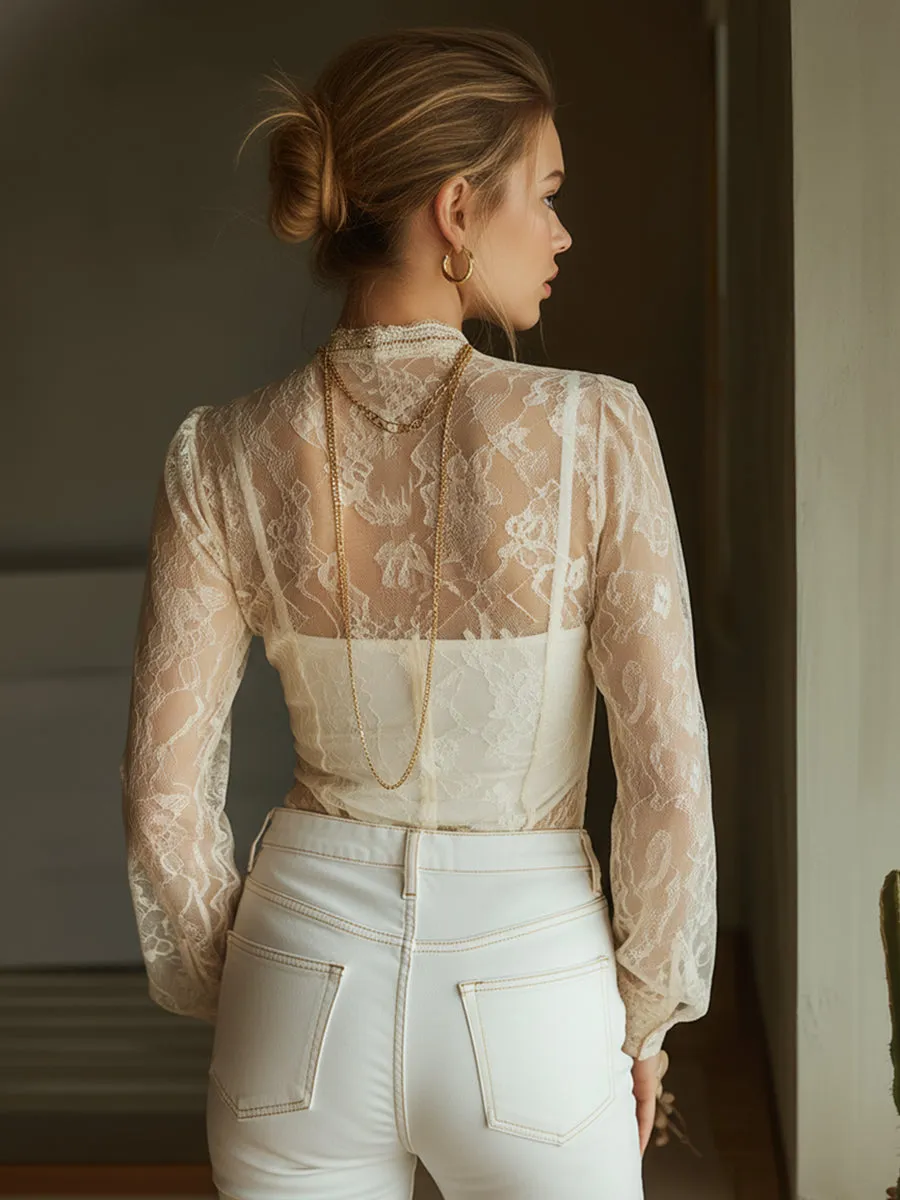 Elegant And Sexy Beige Lace Long-sleeved Shirt sold by Oyrosy product image thumbnail 2