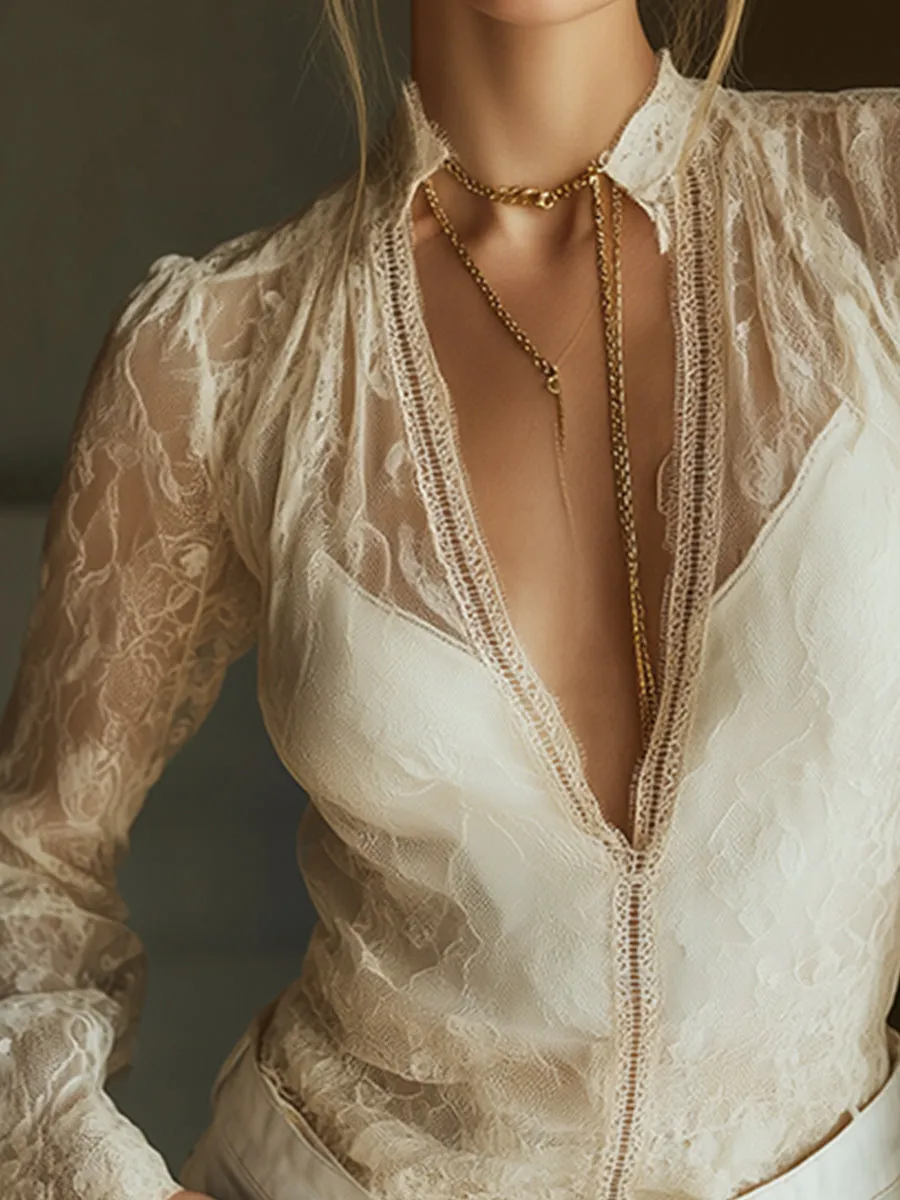 Elegant And Sexy Beige Lace Long-sleeved Shirt sold by Oyrosy product image thumbnail 3