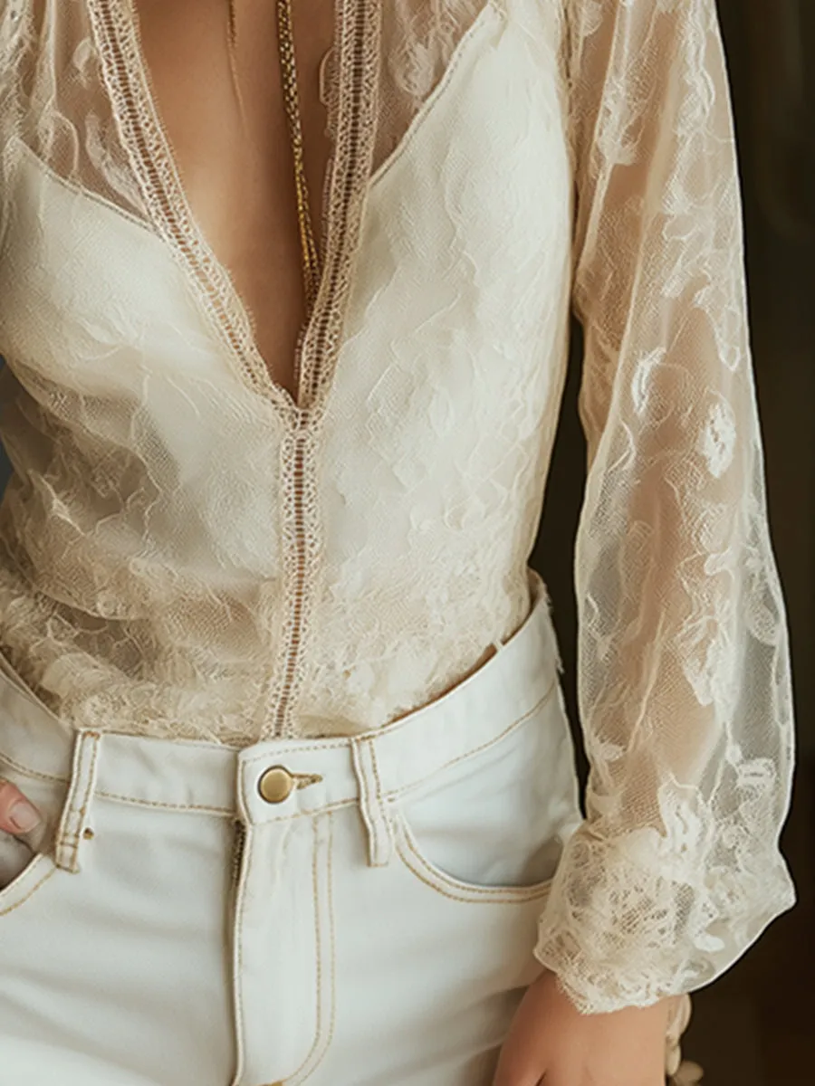 Elegant And Sexy Beige Lace Long-sleeved Shirt sold by Oyrosy product image thumbnail 4