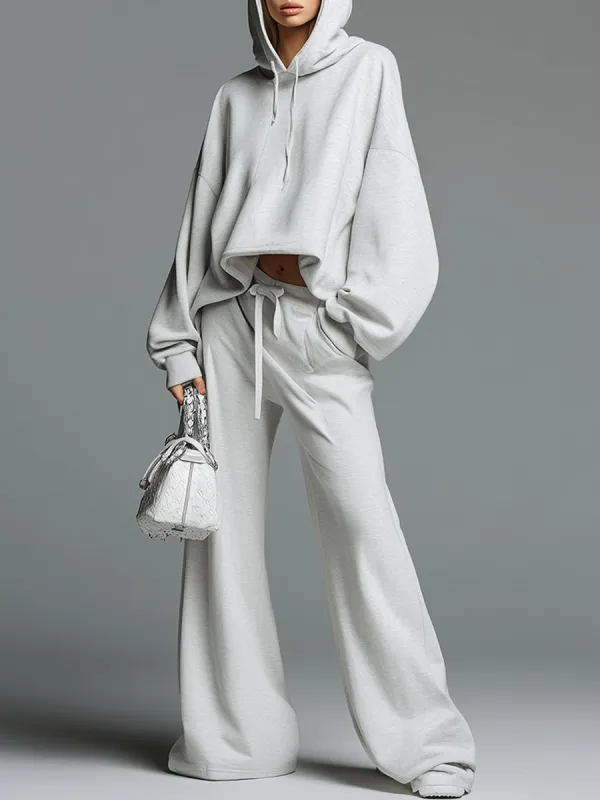 Casual Loose-fitting Grayish White Hooded Sweatshirt And Wide-leg Pants Sports Set sold by Oyrosy
