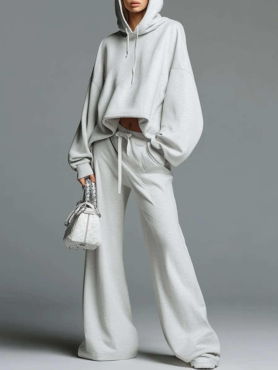 Casual Loose-fitting Grayish White Hooded Sweatshirt And Wide-leg Pants Sports Set sold by Oyrosy