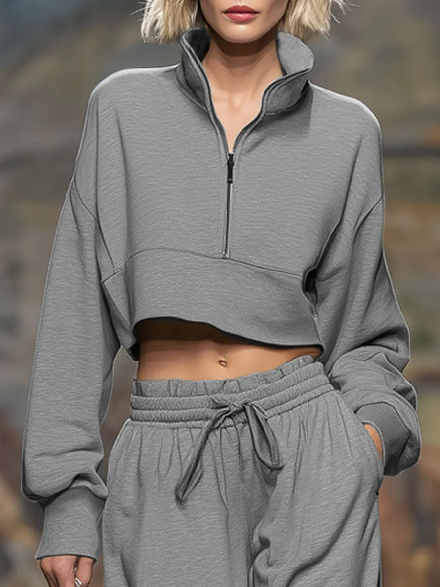 Loose-fitting Stand-up Collar Zip-up Sweatshirt And Sweatpants Set sold by Oyrosy product image thumbnail 2