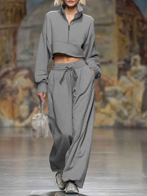 Loose-fitting Stand-up Collar Zip-up Sweatshirt And Sweatpants Set sold by Oyrosy