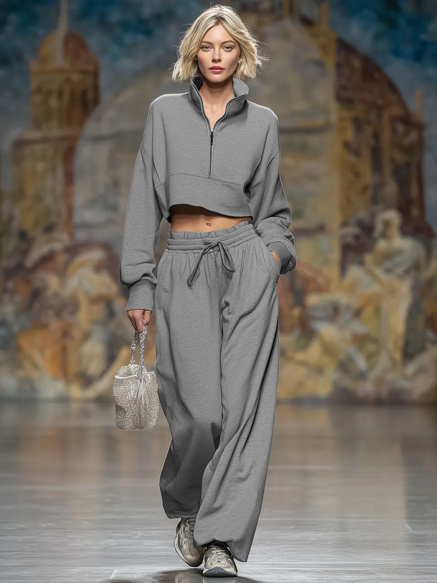 Loose-fitting Stand-up Collar Zip-up Sweatshirt And Sweatpants Set sold by Oyrosy product image thumbnail 4