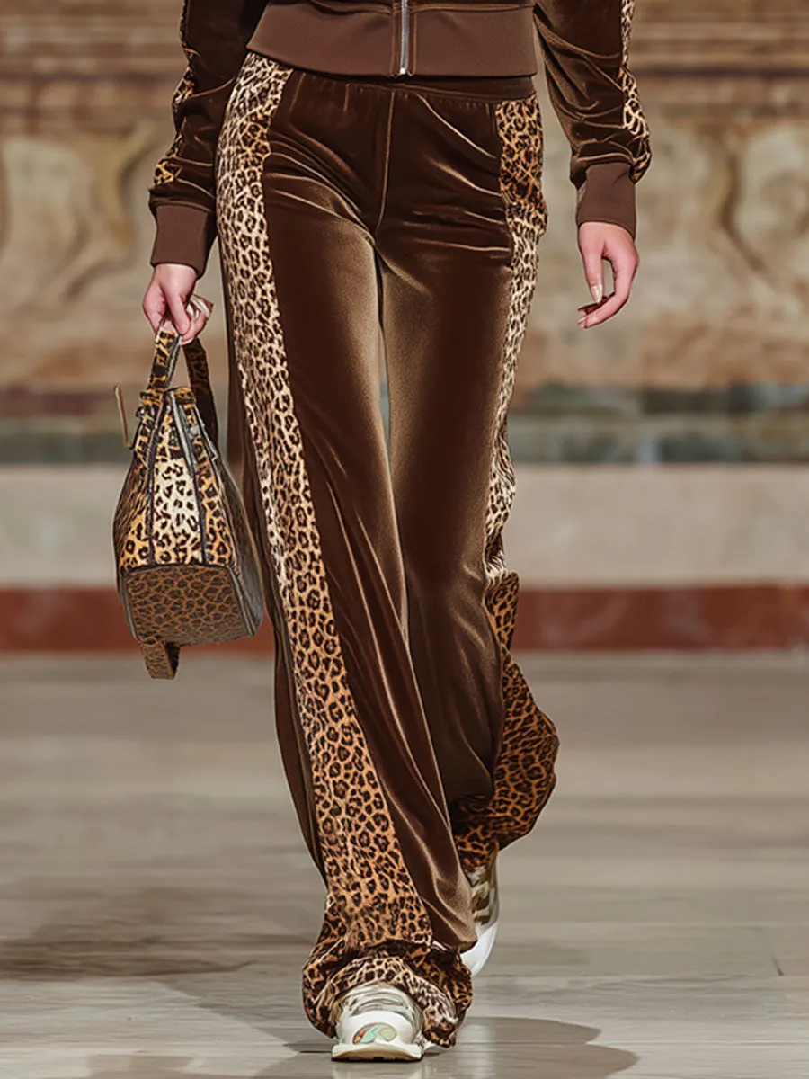 Velvet Leopard Print Hoodie And Wide-leg Pants Set sold by Oyrosy product image thumbnail 3
