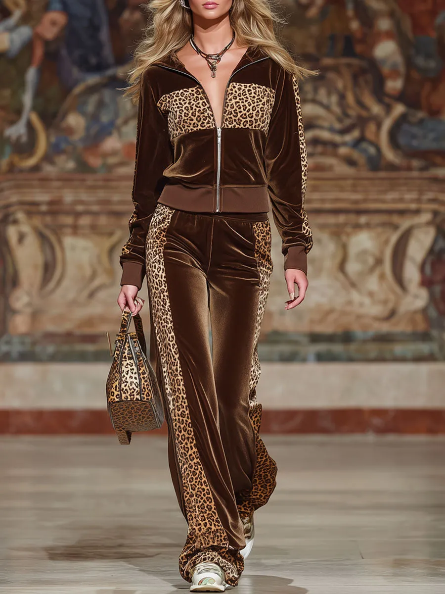 Velvet Leopard Print Hoodie And Wide-leg Pants Set sold by Oyrosy