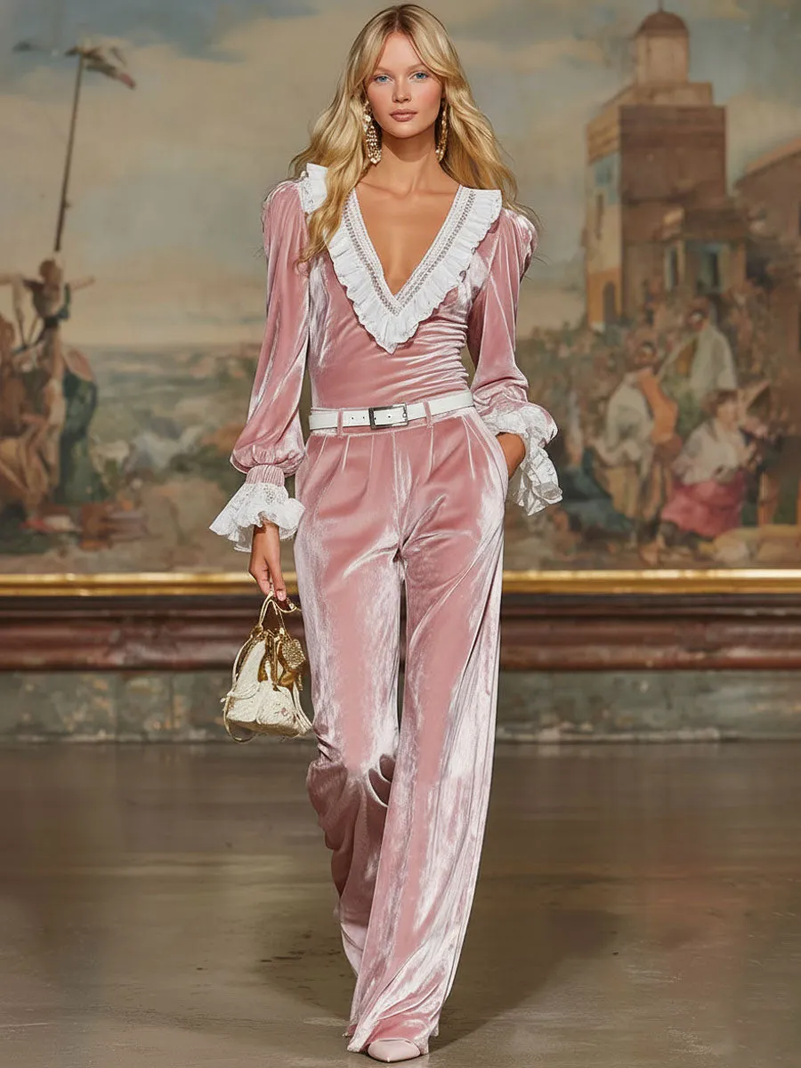 Velvet-trimmed Lace-trimmed Top And Wide-leg Pants Set sold by Oyrosy product image thumbnail 4