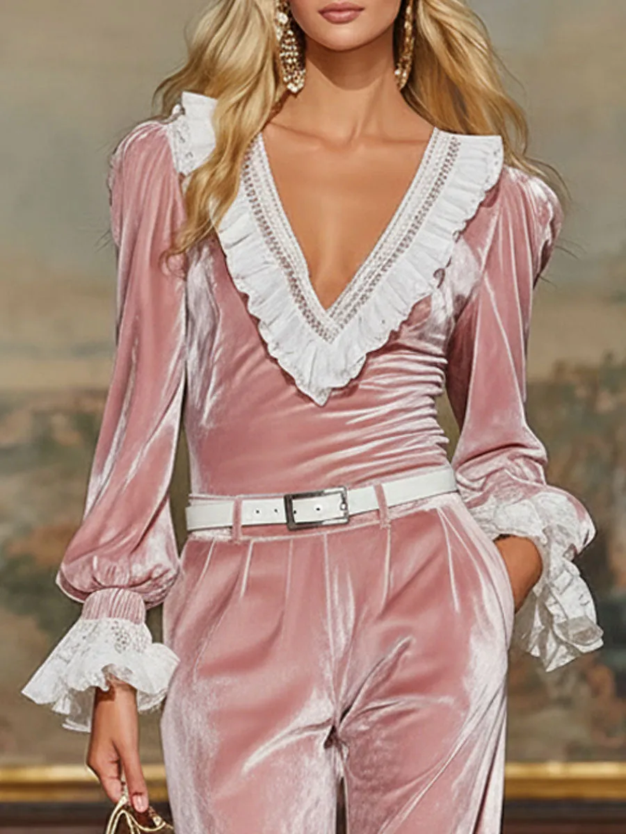 Velvet-trimmed Lace-trimmed Top And Wide-leg Pants Set sold by Oyrosy product image thumbnail 2