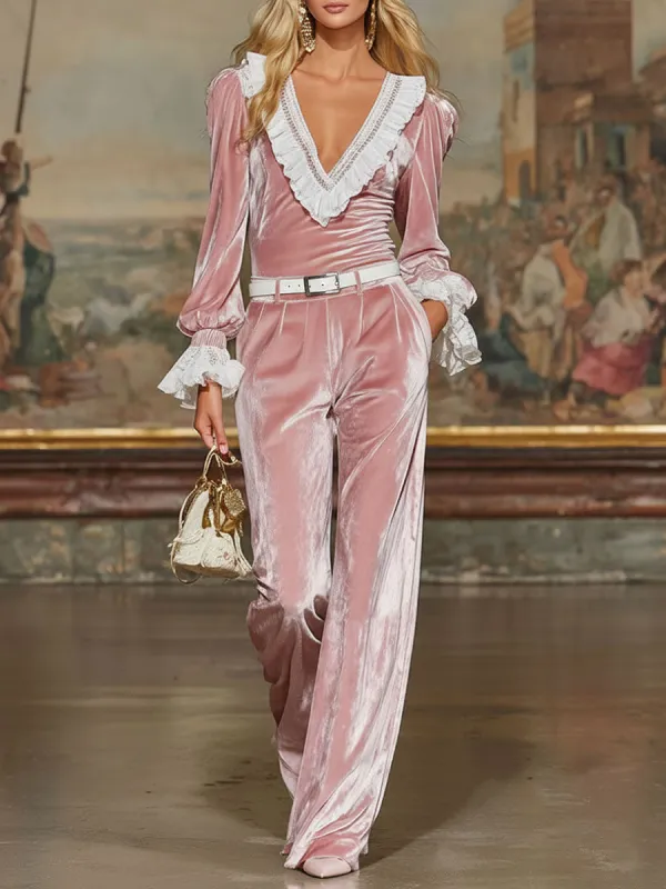 Velvet-trimmed Lace-trimmed Top And Wide-leg Pants Set sold by Oyrosy