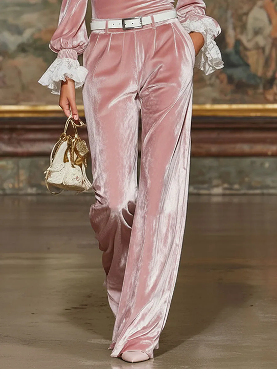 Velvet-trimmed Lace-trimmed Top And Wide-leg Pants Set sold by Oyrosy product image thumbnail 3