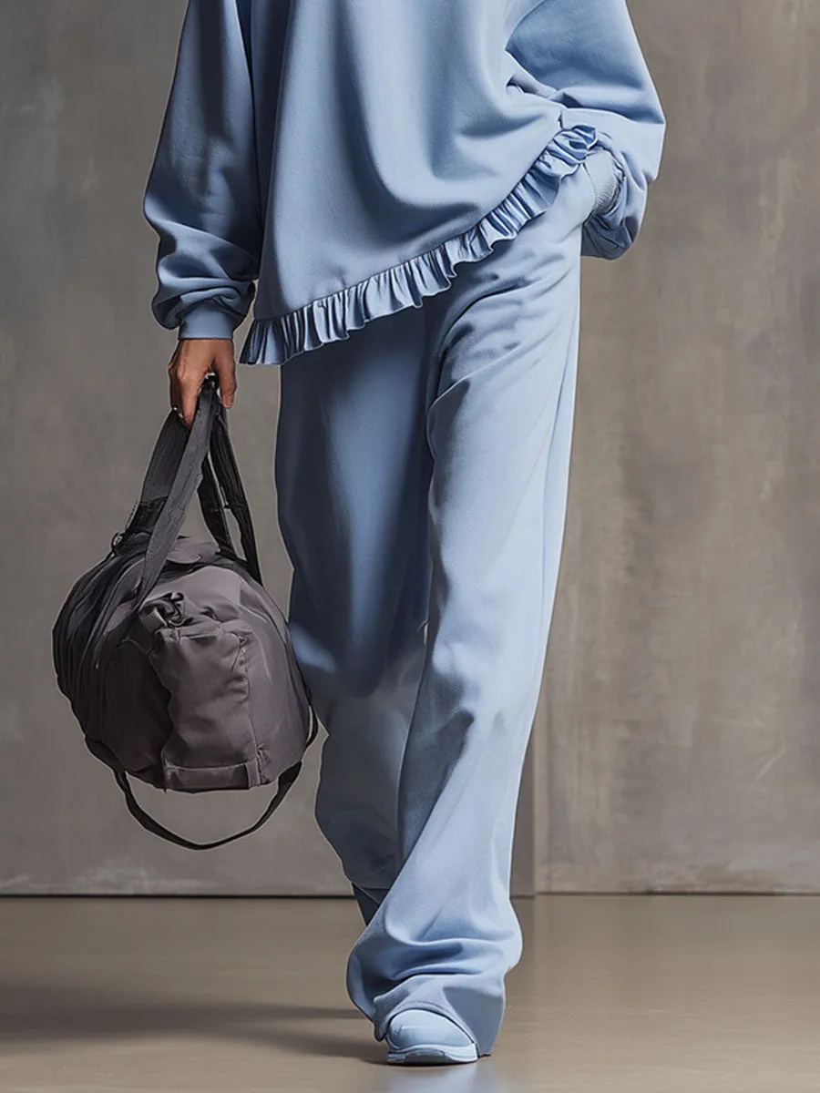 Loose-fitting Crew Neck Ruffled Sweatshirt And Sweatpants Set sold by Oyrosy product image thumbnail 3