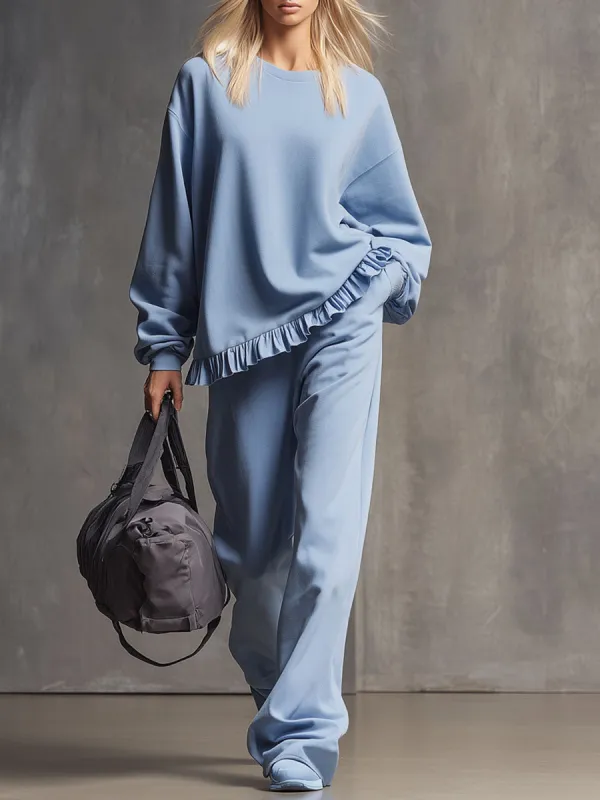 Loose-fitting Crew Neck Ruffled Sweatshirt And Sweatpants Set sold by Oyrosy