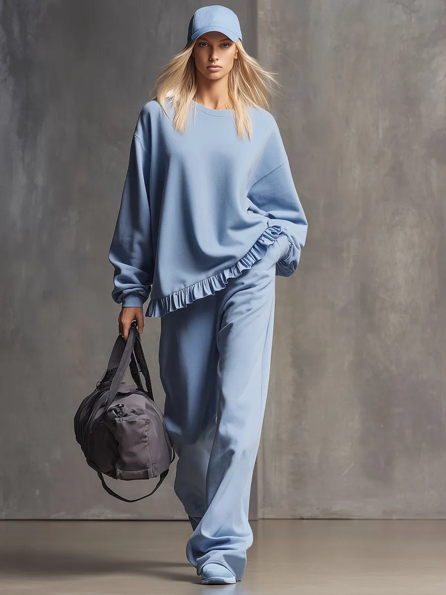 Loose-fitting Crew Neck Ruffled Sweatshirt And Sweatpants Set sold by Oyrosy product image thumbnail 4