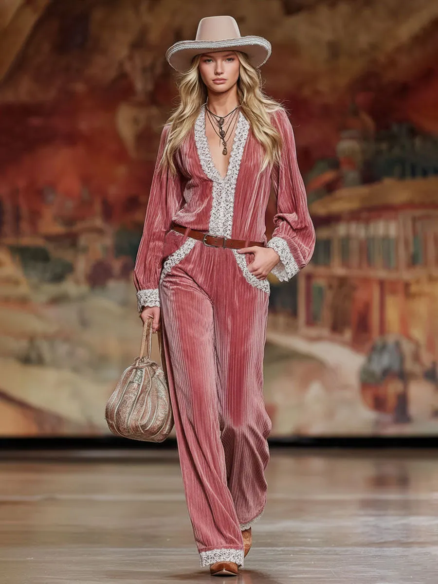 Striped Velvet Patchwork Lace-trimmed Top And Wide-leg Pants Set sold by Oyrosy product image thumbnail 4