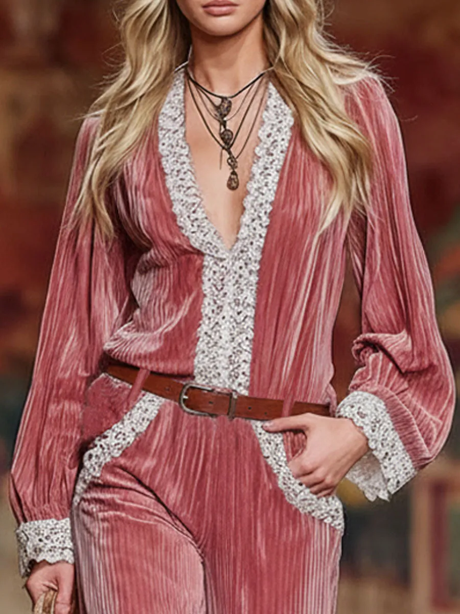 Striped Velvet Patchwork Lace-trimmed Top And Wide-leg Pants Set sold by Oyrosy product image thumbnail 2