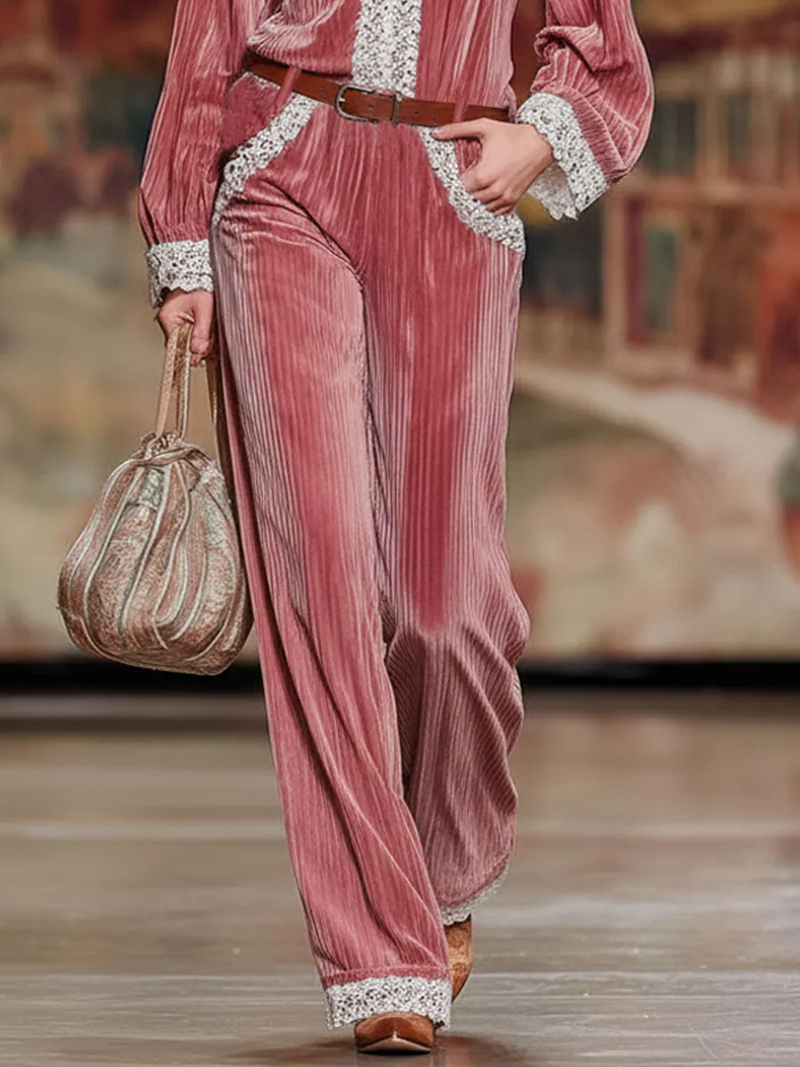 Striped Velvet Patchwork Lace-trimmed Top And Wide-leg Pants Set sold by Oyrosy product image thumbnail 3