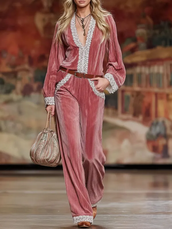 Striped Velvet Patchwork Lace-trimmed Top And Wide-leg Pants Set made by Oyrosy