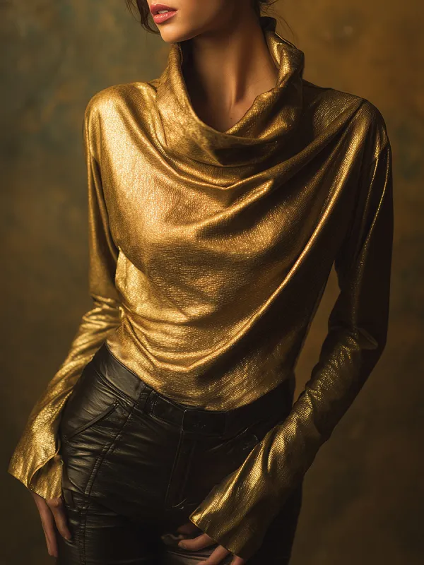 Stylish And Casual Gold Turtleneck Metallic Blouse sold by Oyrosy