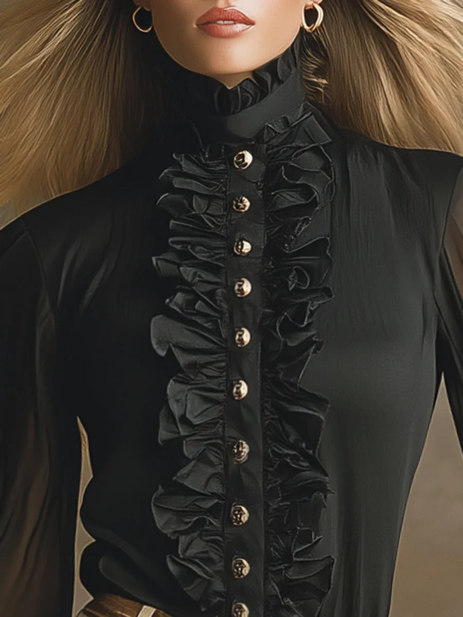 Stylish And Elegant Ruffle Trim Black Chiffon Shirt sold by Oyrosy product image thumbnail 3