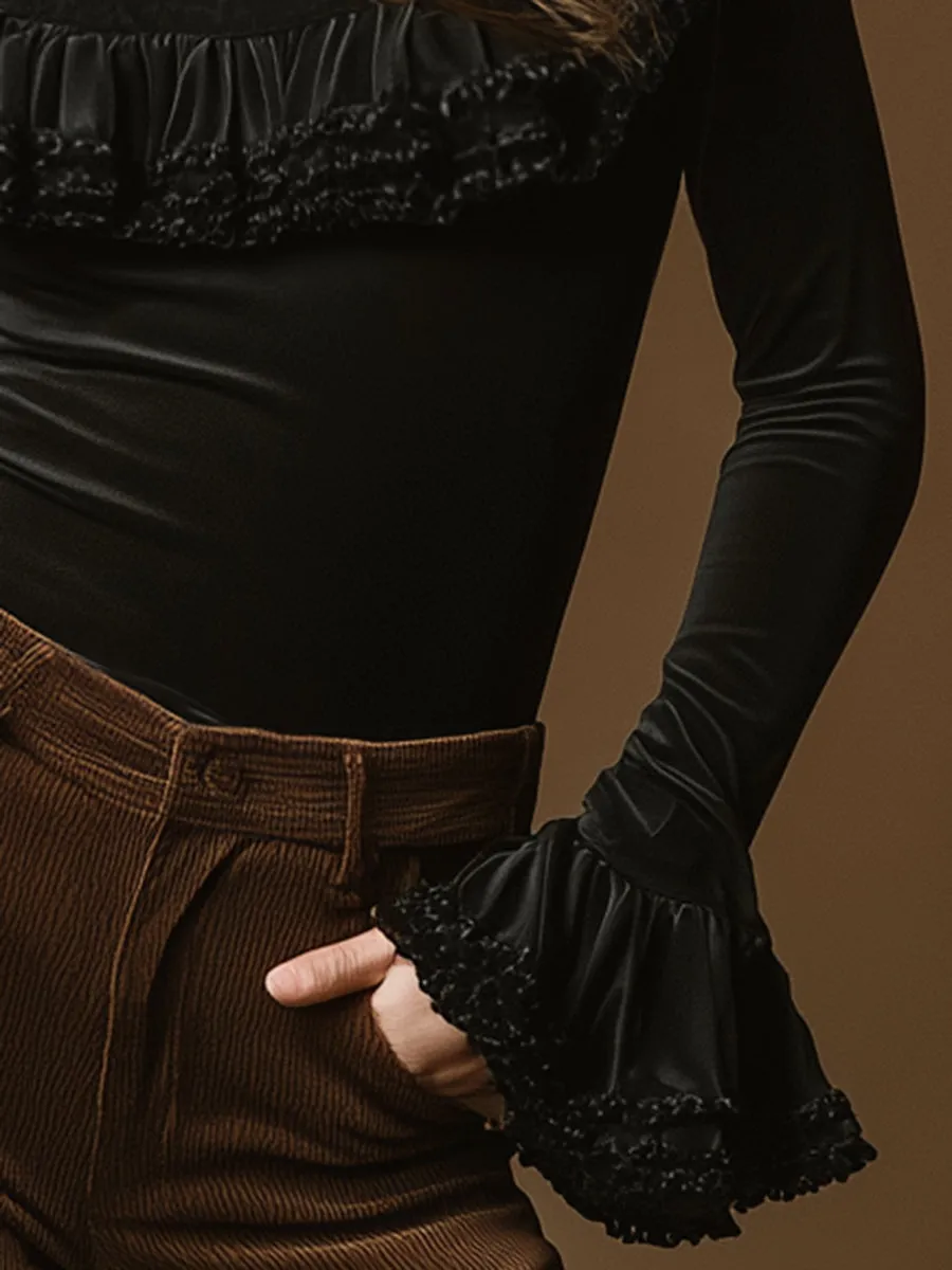 Casual And Stylish High-neck Ruffled Black Velvet Top sold by Oyrosy product image thumbnail 4